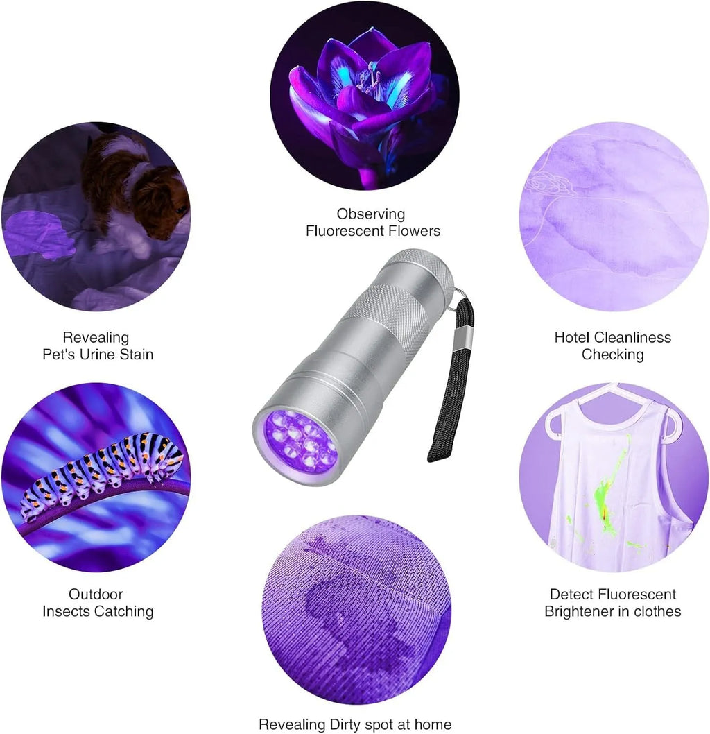 Black aluminium alloy UV flashlight with silver accents, shown with a length of 9.8cm.