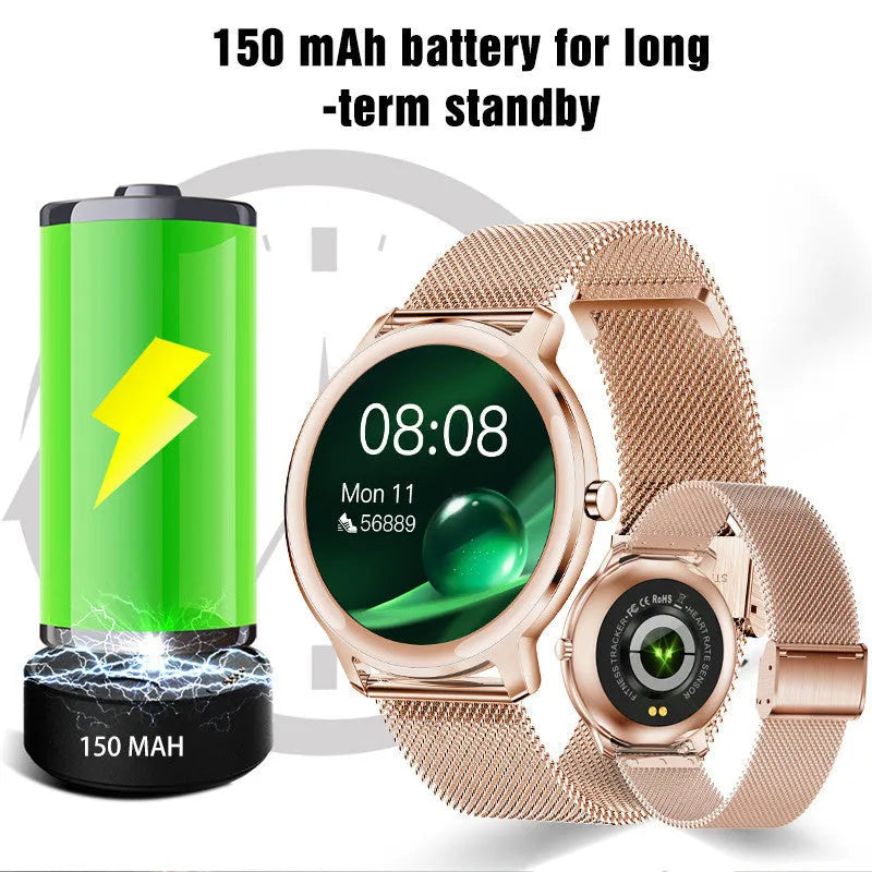 Women's waterproof smart watch with 1.3 inch touchscreen display and stainless steel mesh band