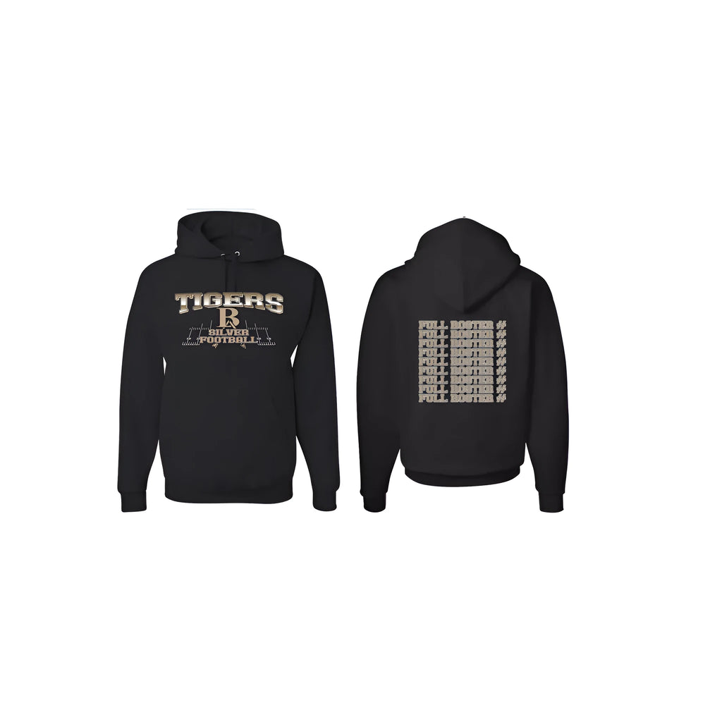 Black drop-shoulder sleeve pullover hoodie on a hanger.