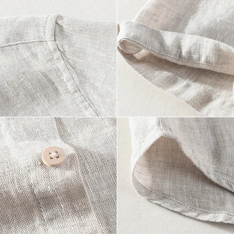 Men's raw jute and grey linen short sleeve shirt with square collar on hanger.