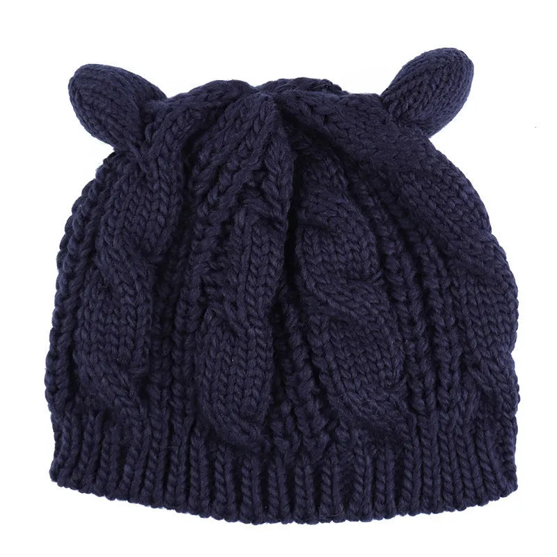 Hand made wool knitted beanie hat with 3D cat ears in multiple colours
