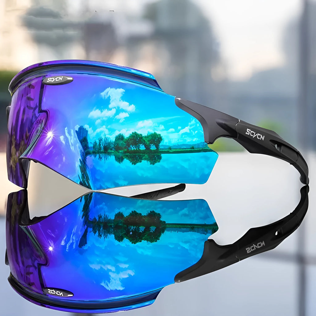 Integrated lens athletic glasses with frameless windproof goggle design in colourful styles
