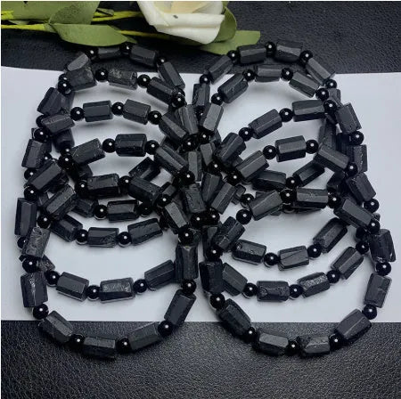 Natural black tourmaline rough stone unisex bracelet, 10mm size with Seiko processed beads.