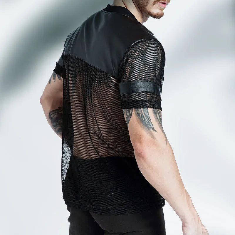 Men's black breathable mesh running T-shirt with V-neck stitching, casual sports top
