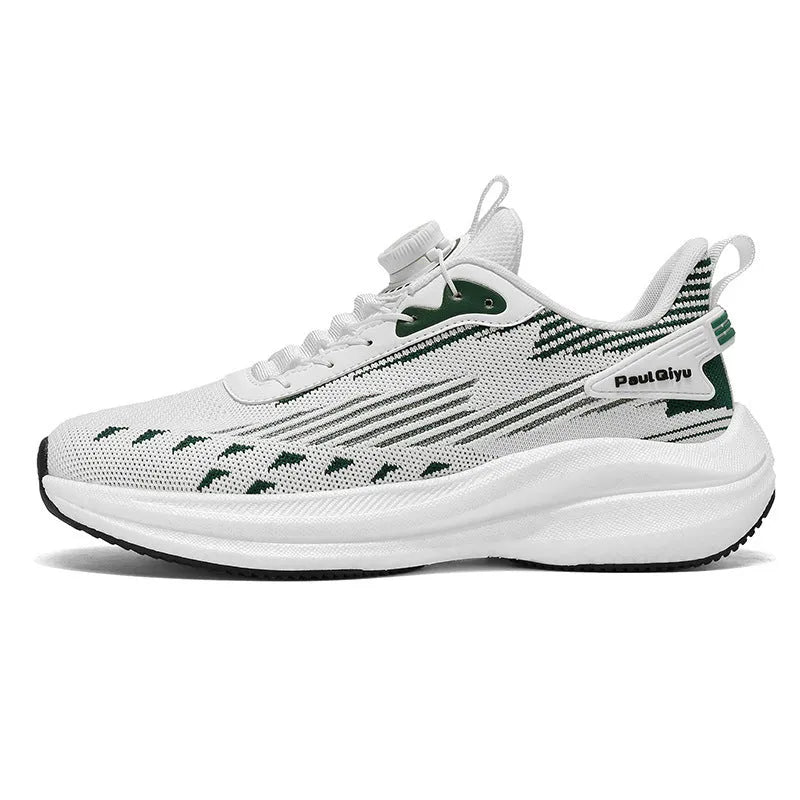 Men's low-top white green sports running shoe with rotating buckle and lace-up closure on a TPU sole.