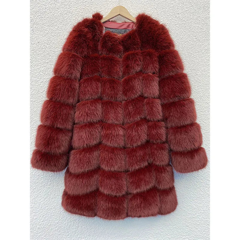 Women's long artificial fur coat in wine red colour, showing regular sleeves and knee-length fit.