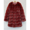 Women's long artificial fur coat in wine red colour, showing regular sleeves and knee-length fit.