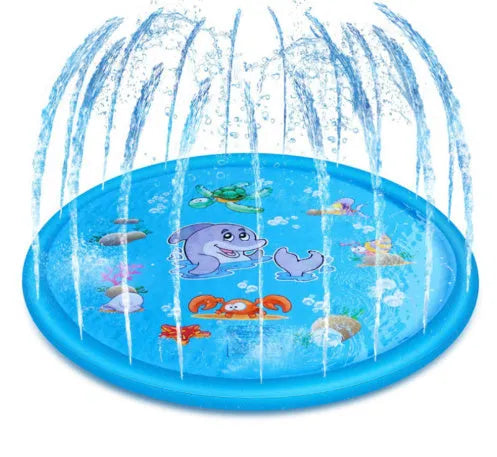 Blue PVC children's water spray play mat with marine animal prints, connected to a garden hose.