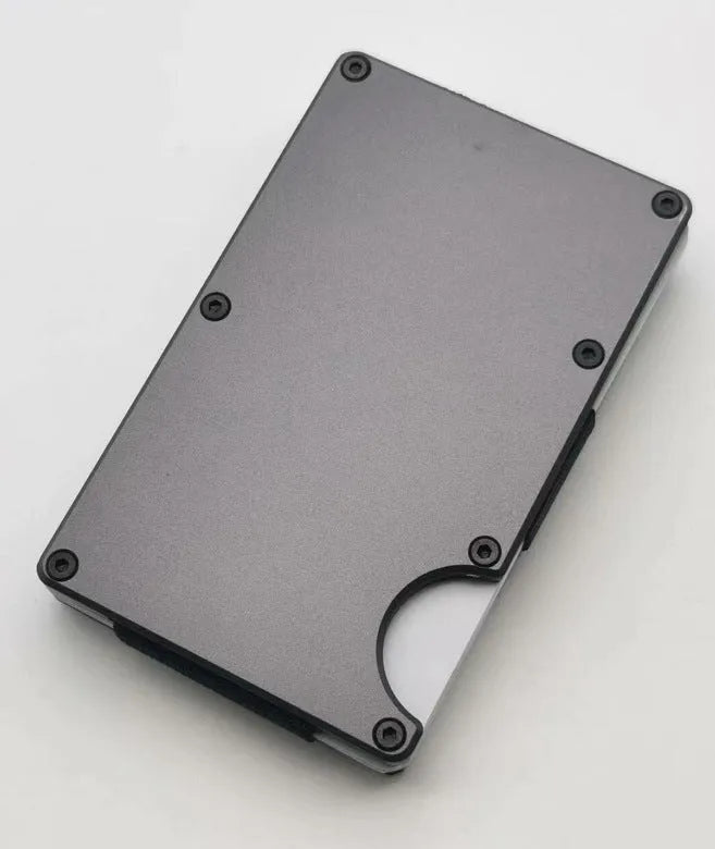 Carbon fibre RFID blocking wallet in aluminium alloy grey holding seven cards