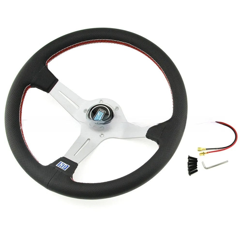 14-inch leather steering wheel with middle concave design showing black skeleton frame