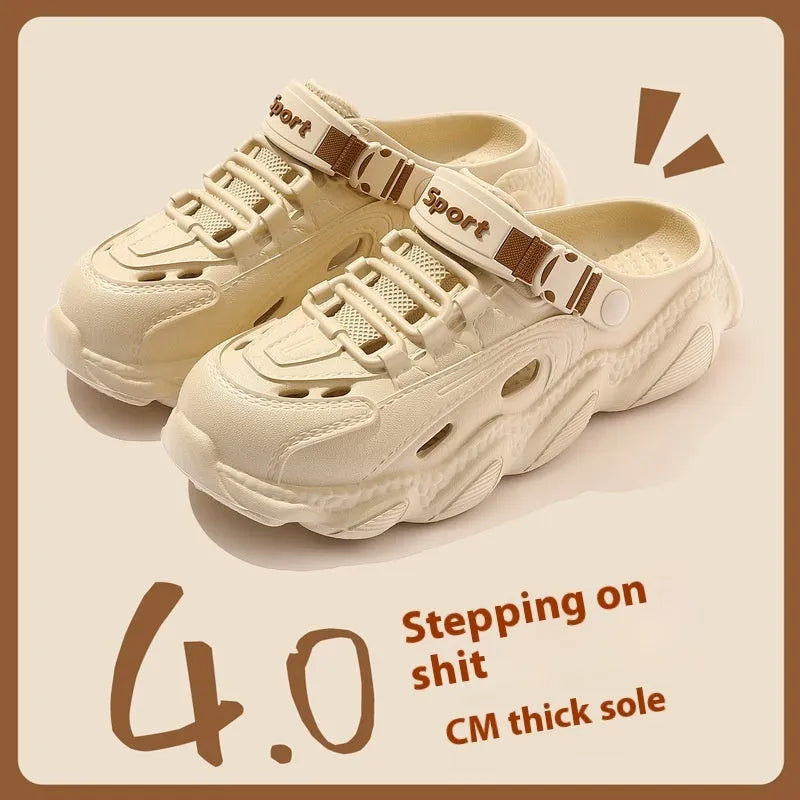Men's khaki outdoor slippers showing hollow-out breathable design with textured non-slip EVA sole