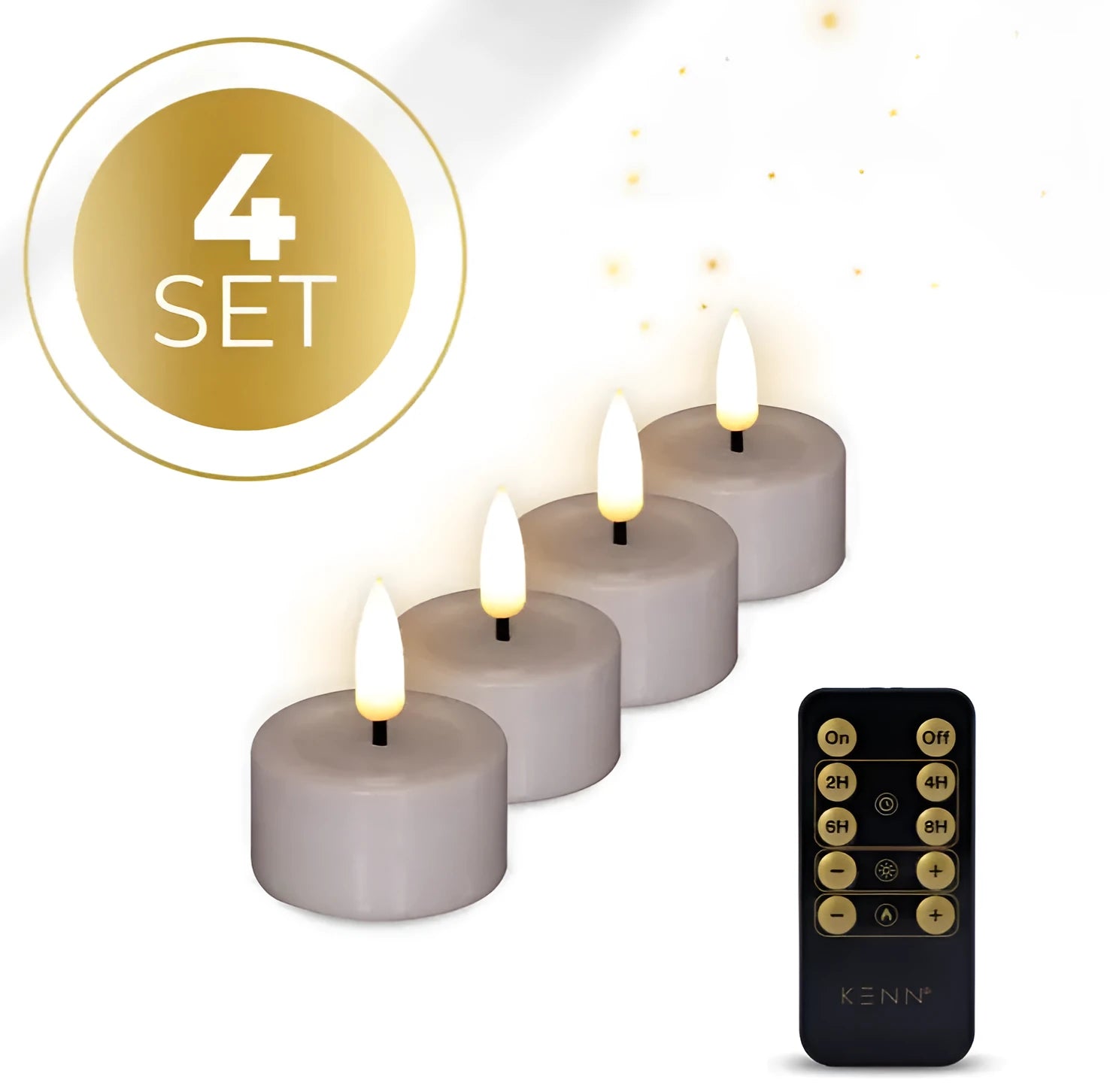 Set of four taupe-coloured flameless LED tealight candles shown together.