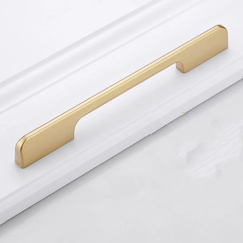 Gold aluminium alloy T-shaped open cover cabinet drawer pull handle for single-hole mounting.