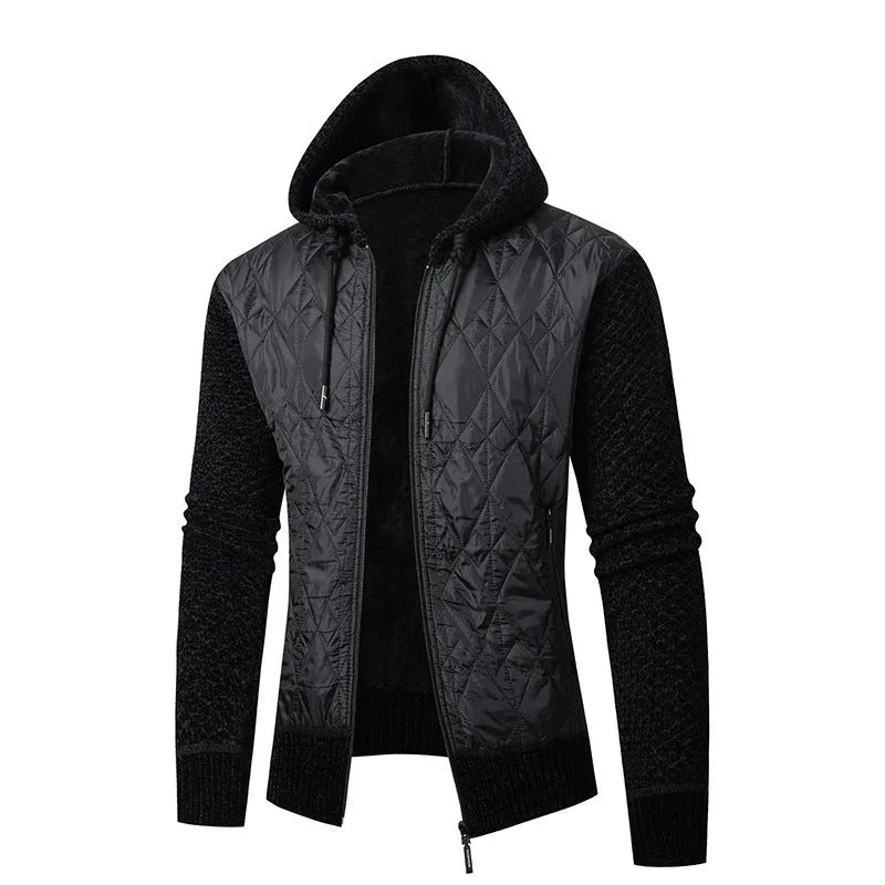 Men's grey hooded sweater coat with cinched waist and corduroy fabric texture