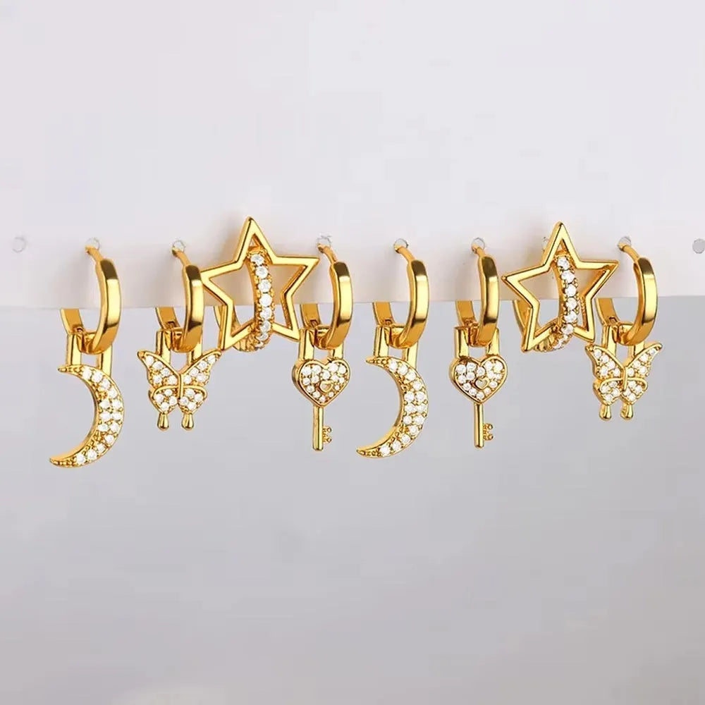 Women's geometric butterfly copper earrings with heart, bow, and star shapes in various colours