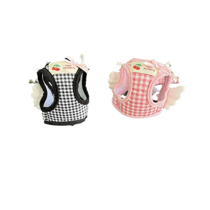 Pink and black cotton dog harness and lead set for small dogs with chest and back handle