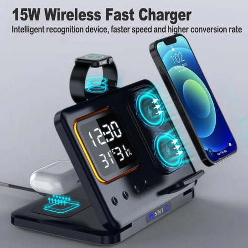Black 5-in-1 wireless charging station showing phone charging alongside digital clock with temperature display