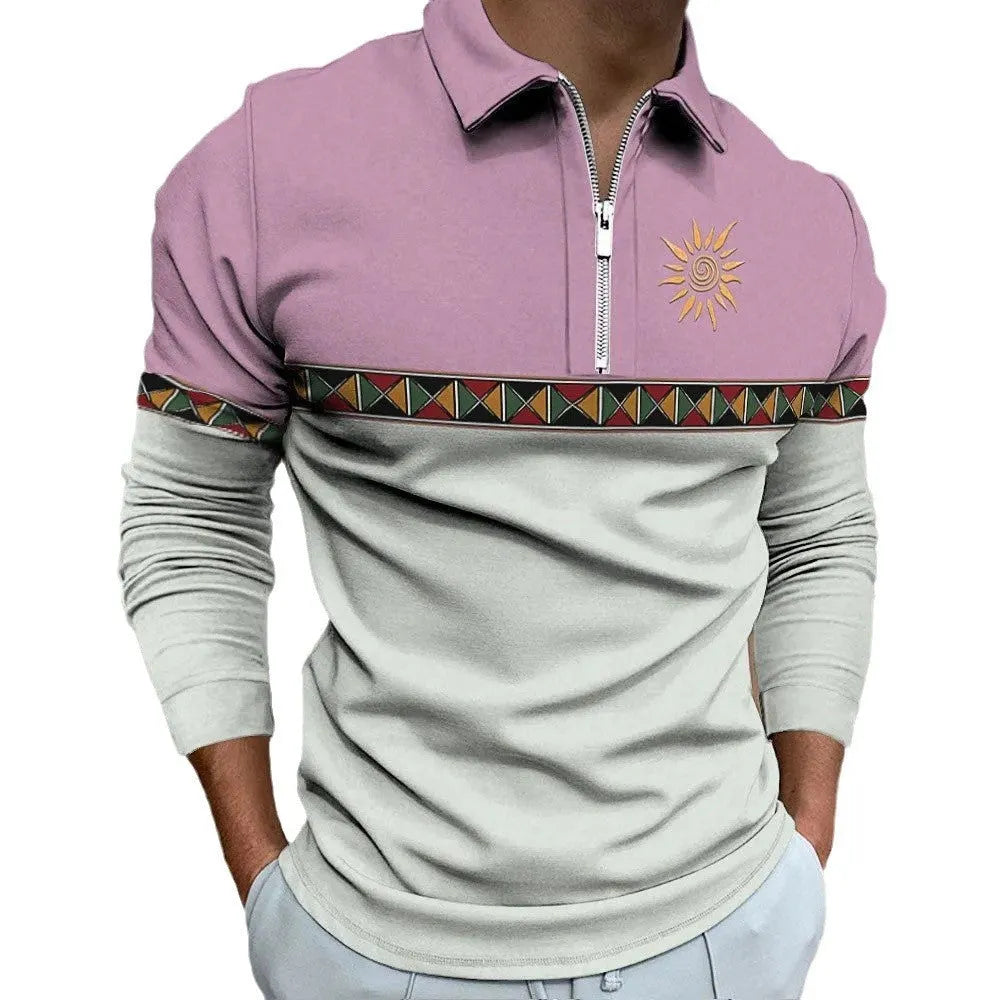 Men's loose fit long sleeve t-shirt with retro colour printing and striped pattern