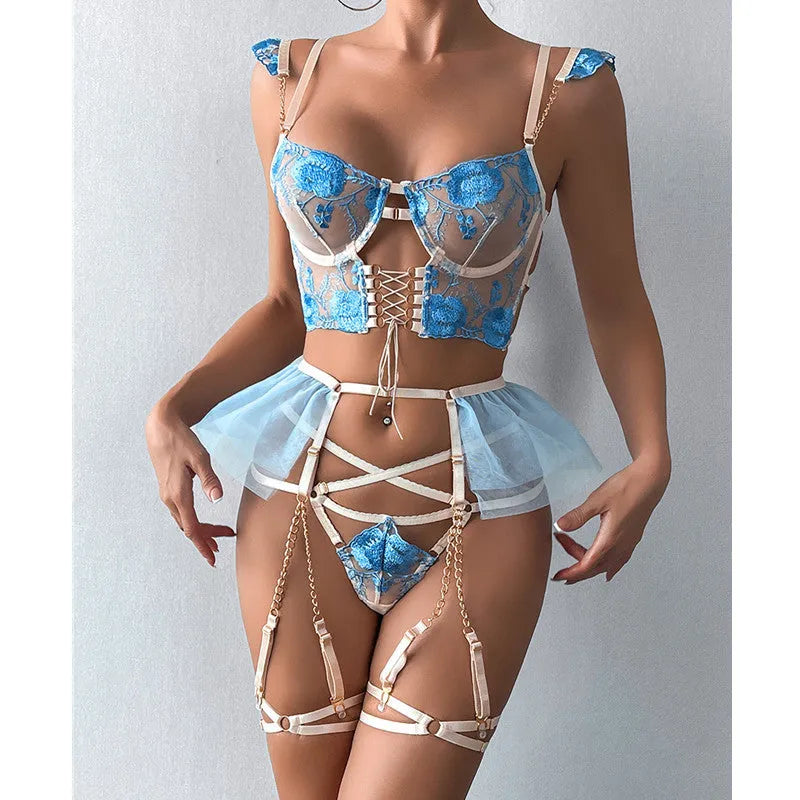 Light blue embroidered lace push-up bra and pants set with mesh detailing