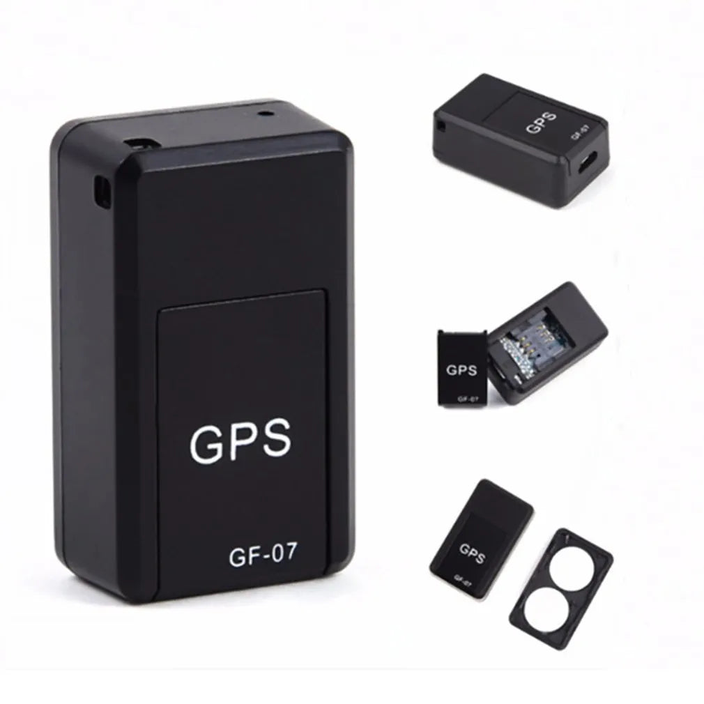 Black magnetic GPS car tracker device with compact rectangular design and USB charging port
