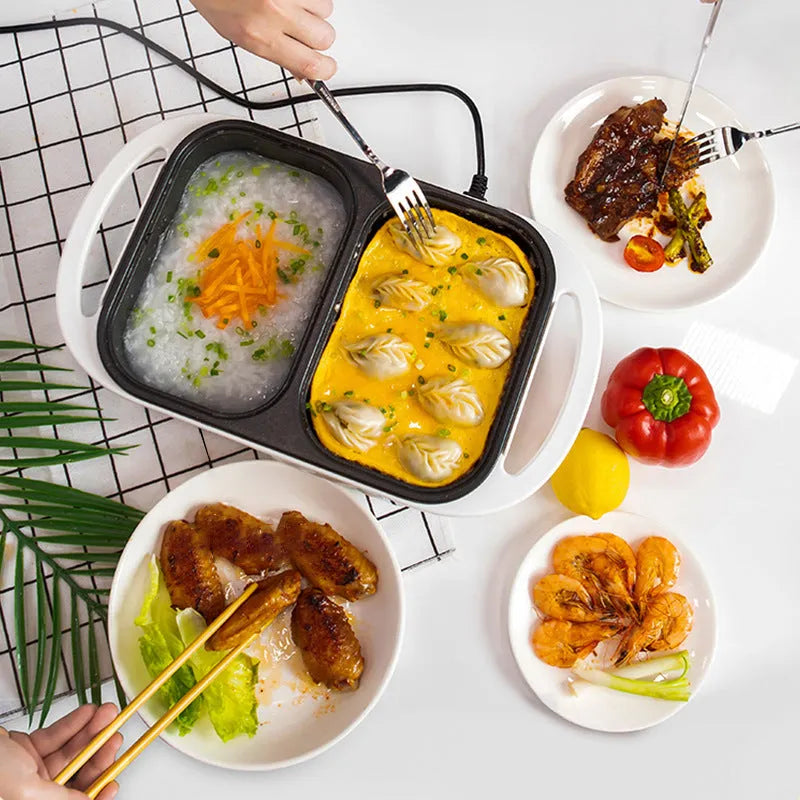 White and green dual-function electric hot pot and frying oven appliance with mechanical controls