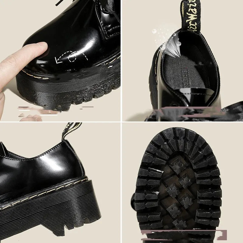 Black and white thick soled women's lace-up shoes with cross straps on a superfine fibre upper.