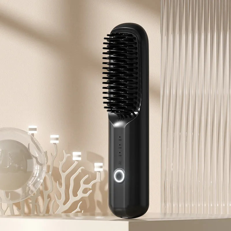 Wireless anion hair straightening comb in beige, pink, purple, or black colour options.