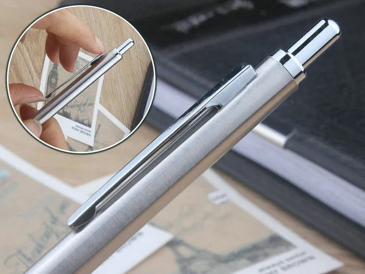 Metal automatic mechanical pencil showing five available lead diameter options from 0.5mm to 2.0mm