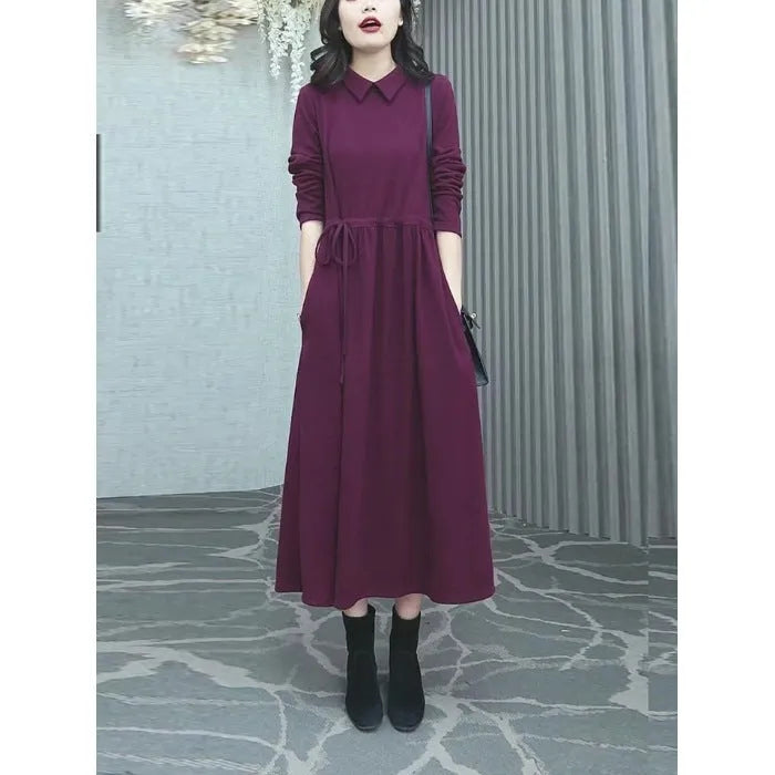 Purplish red women's plus size dress with extra long sleeves and long skirt for autumn winter wear