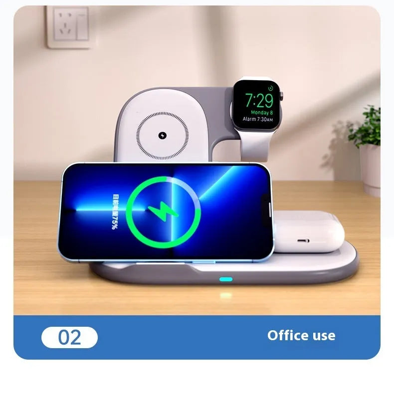Foldable 3-in-1 magnetic wireless charger 15W in black on a desk