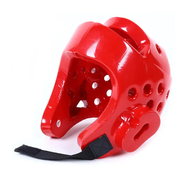 Karate protective gear set with red leg guards, helmet, and boxing gloves for martial arts training
