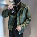 Men's black PU leather pilot jacket with side pockets and a straight hem.