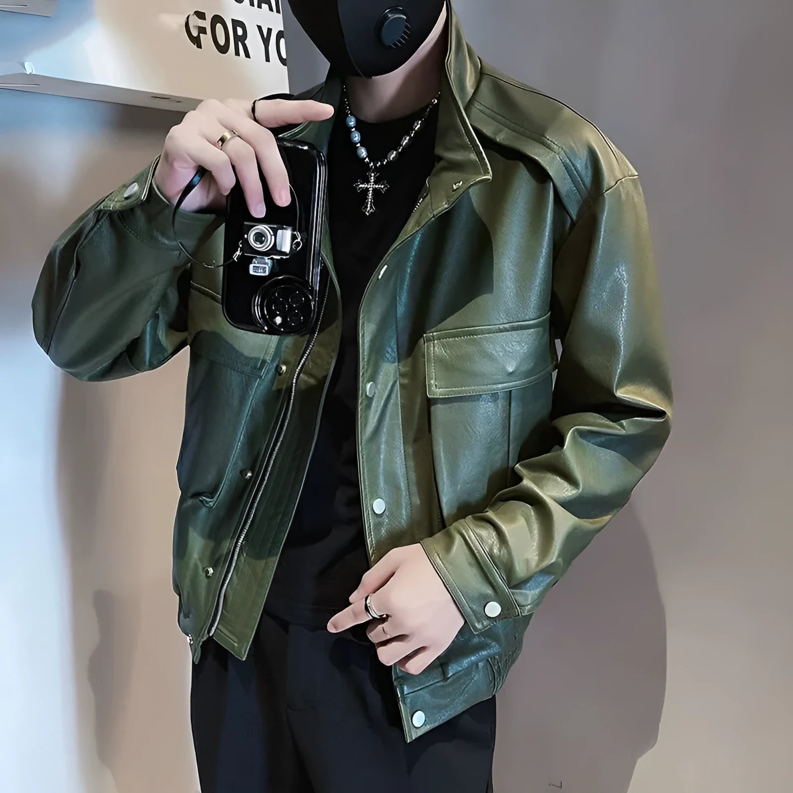 Men's black PU leather pilot jacket with side pockets and a straight hem.