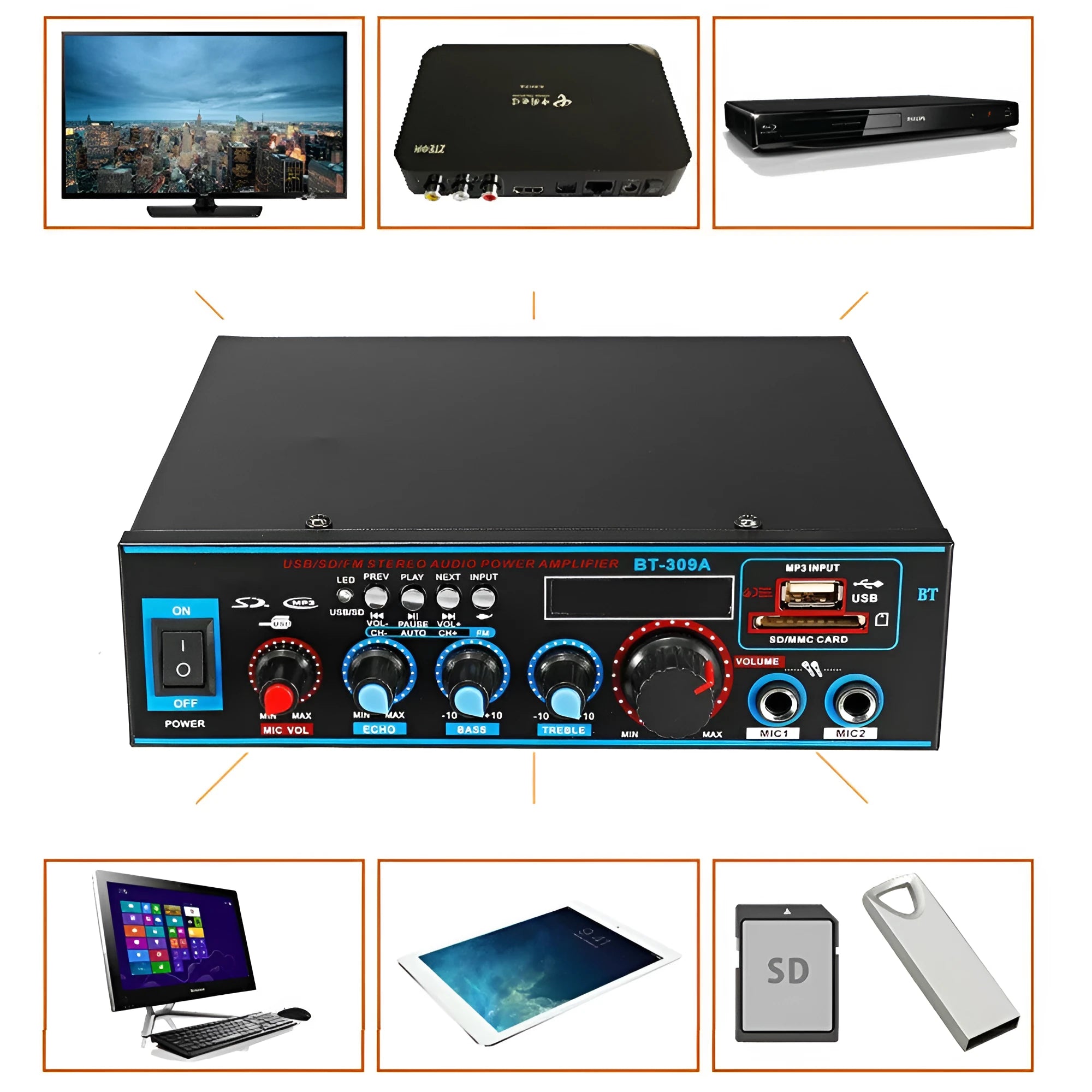 BT-309A-A black Bluetooth power amplifier with recording function for home and car use