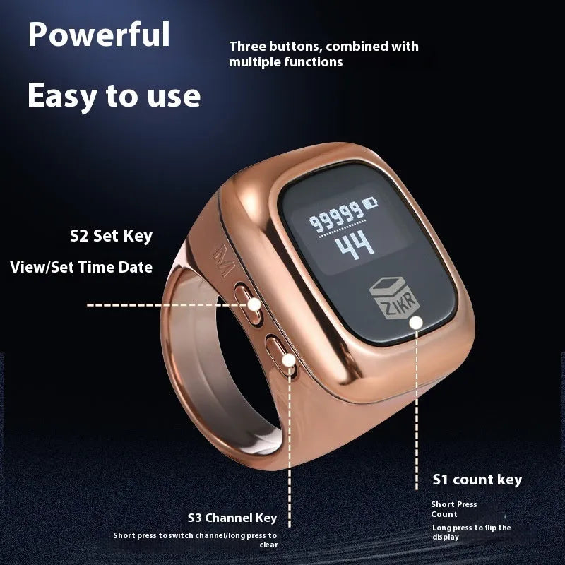 Electronic dhikr counter on wrist showing digital display, available in black, space gray, rose gold, silver, wine red, or green.