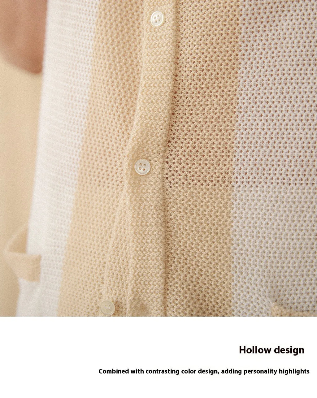 Beige linen-cotton blend short-sleeved cardigan with a lapel collar, laid flat.