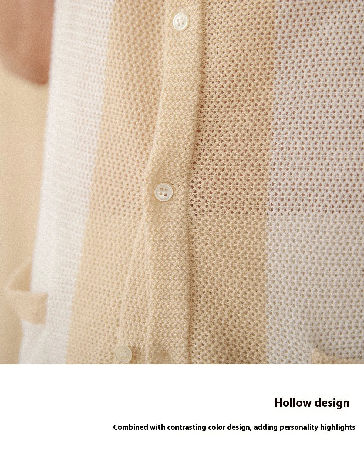 Beige linen-cotton blend short-sleeved cardigan with a lapel collar, laid flat.