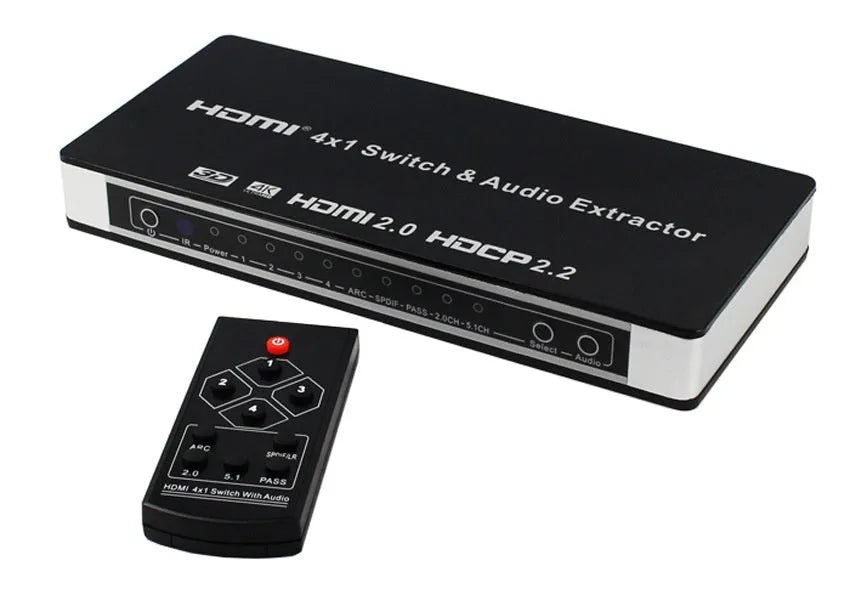 Black HDMI audio video switch with four input ports, one output port, remote control and power adapter