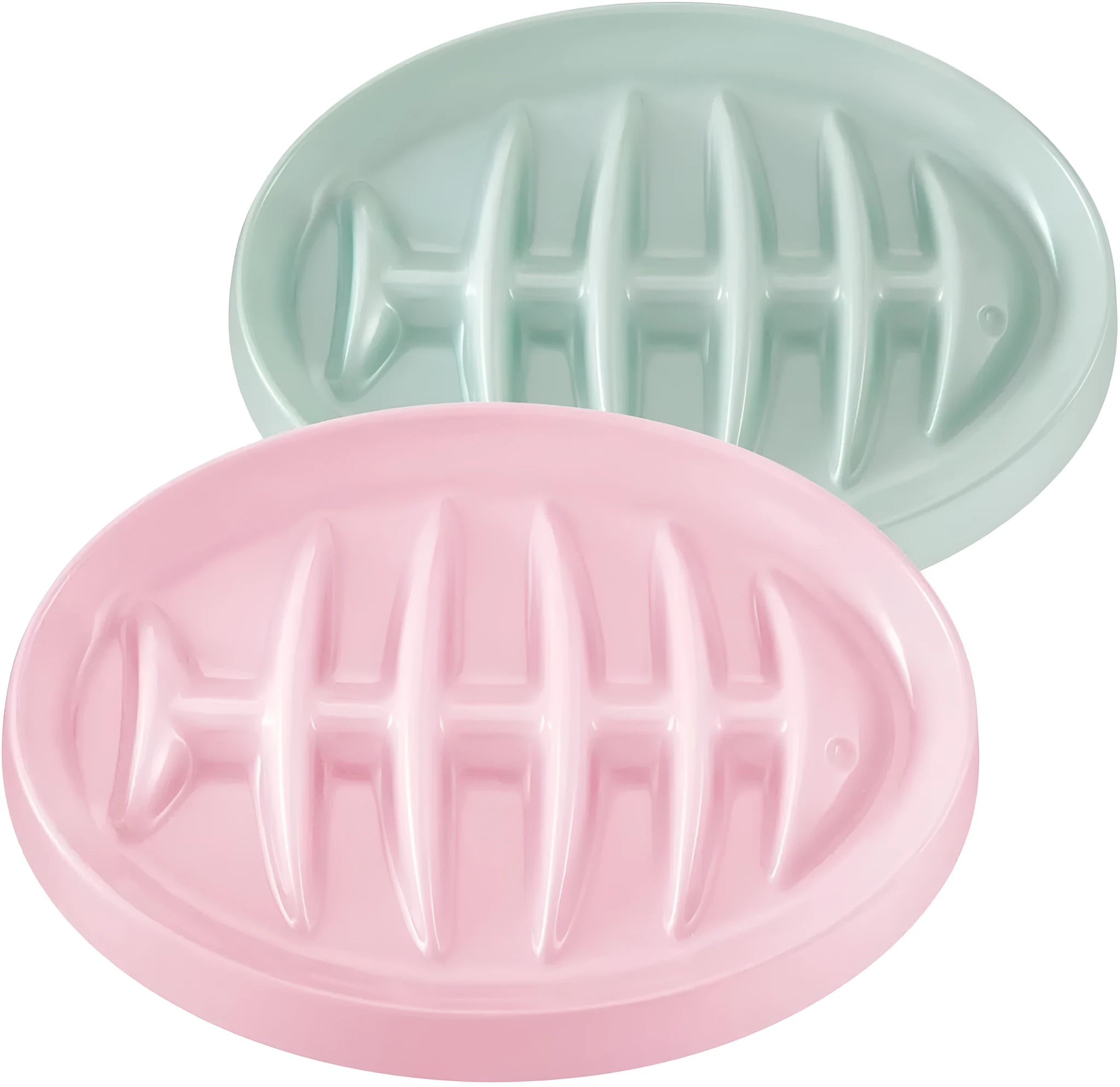 Green melamine fishbone slow feeder bowl for cats with raised ridges on a plain background
