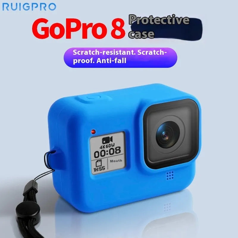 Blue silicone protective sleeve and wrist strap for GoPro Hero8 Black action camera