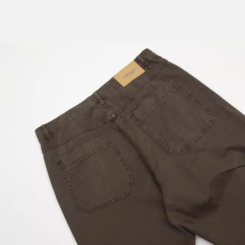 Men's brown straight-leg cotton trousers with loose fit and high-waist design