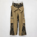 Women's dark khaki leopard print high waist straight leg jeans with retro stitching details