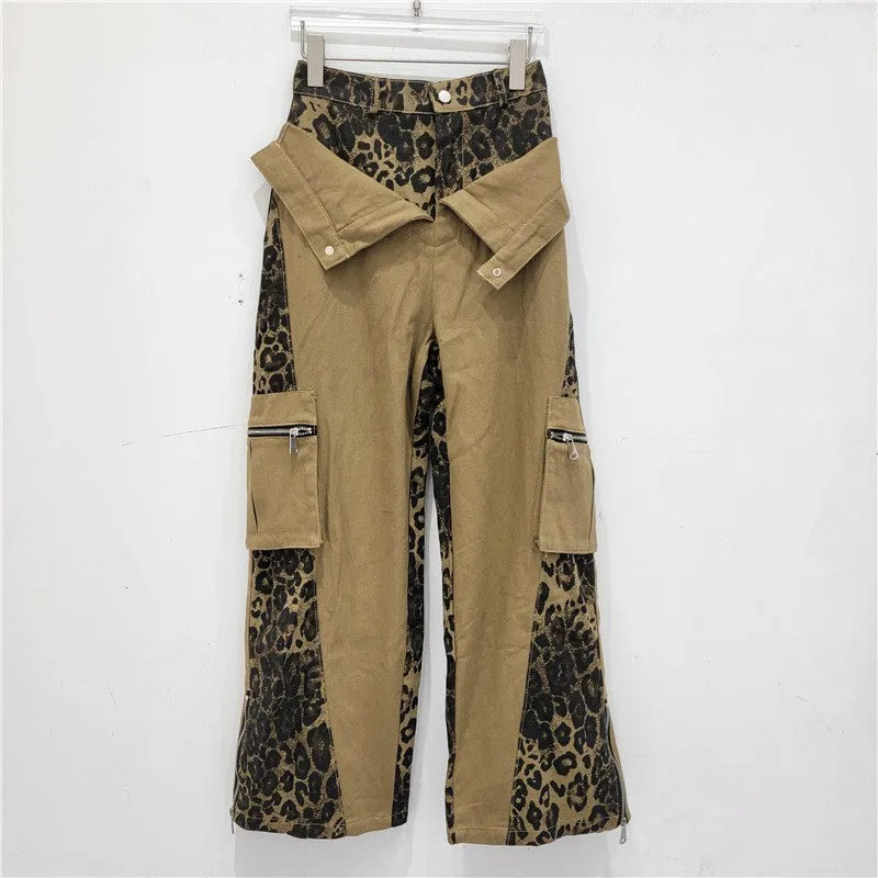 Women's dark khaki leopard print high waist straight leg jeans with retro stitching details