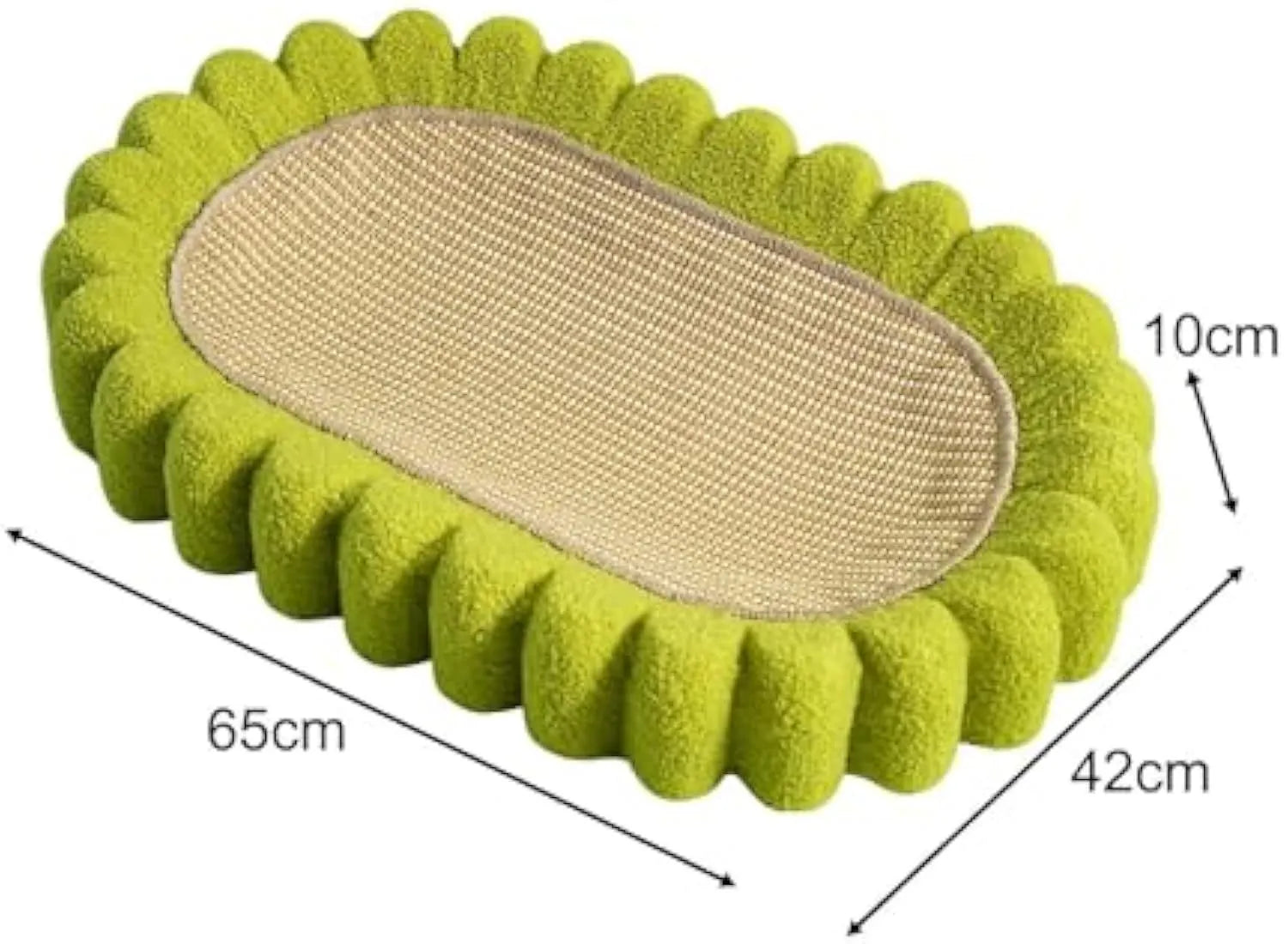Green oval cat scratch pad bed with sisal scratching surface measuring 650x420mm