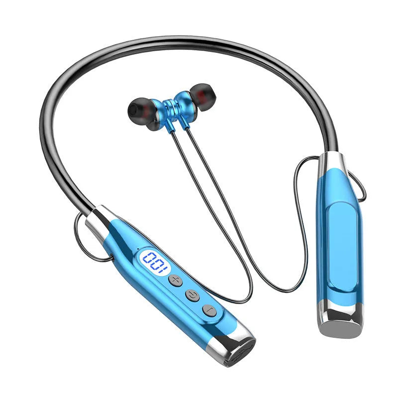 Bluetooth headset in black bare metal finish with hanging neck silicone design and digital display