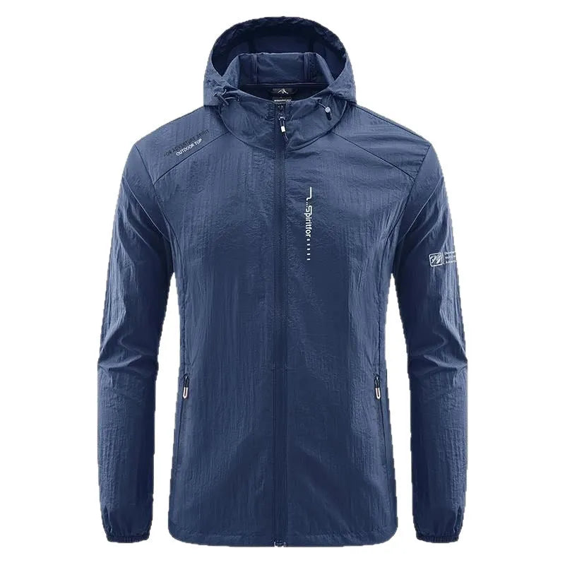Men's light grey loose fit nylon hooded summer jacket on a hanger