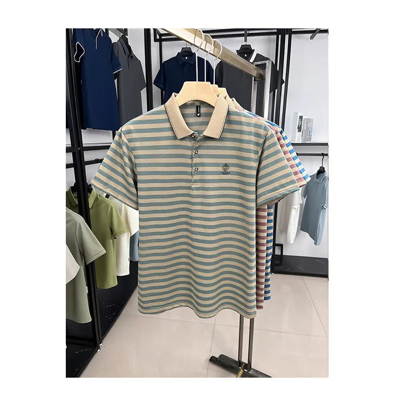 Men's red striped short-sleeve casual shirt with mosaic pattern on polyester fabric
