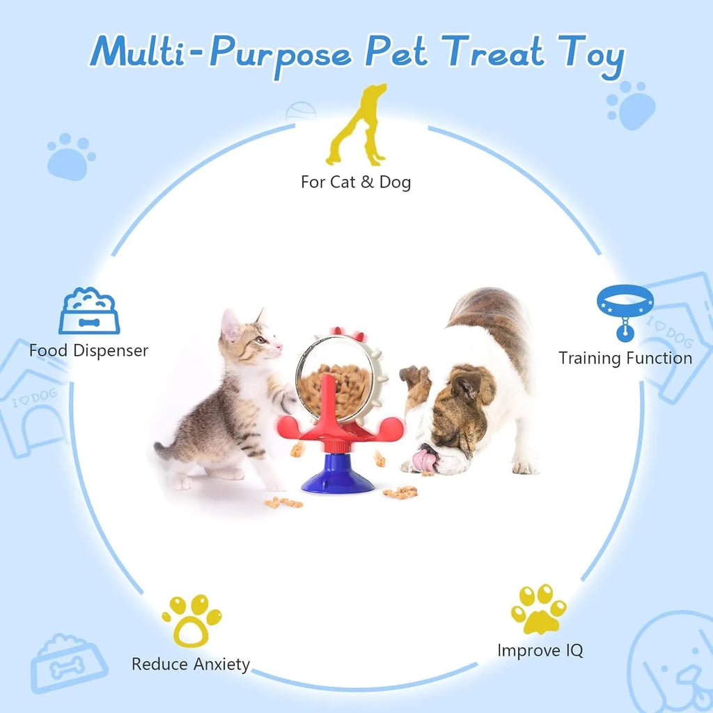 Interactive pet spinner feeder toy in blue green red yellow colours with floor sucker for cats and small dogs