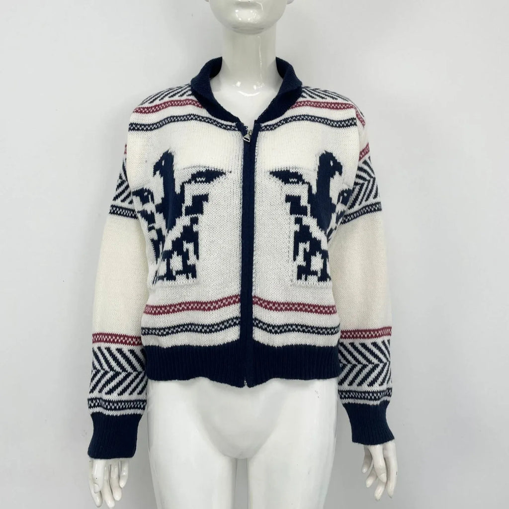 White women's zip-front cardigan with contrast striped jacquard pattern and lapel collar.