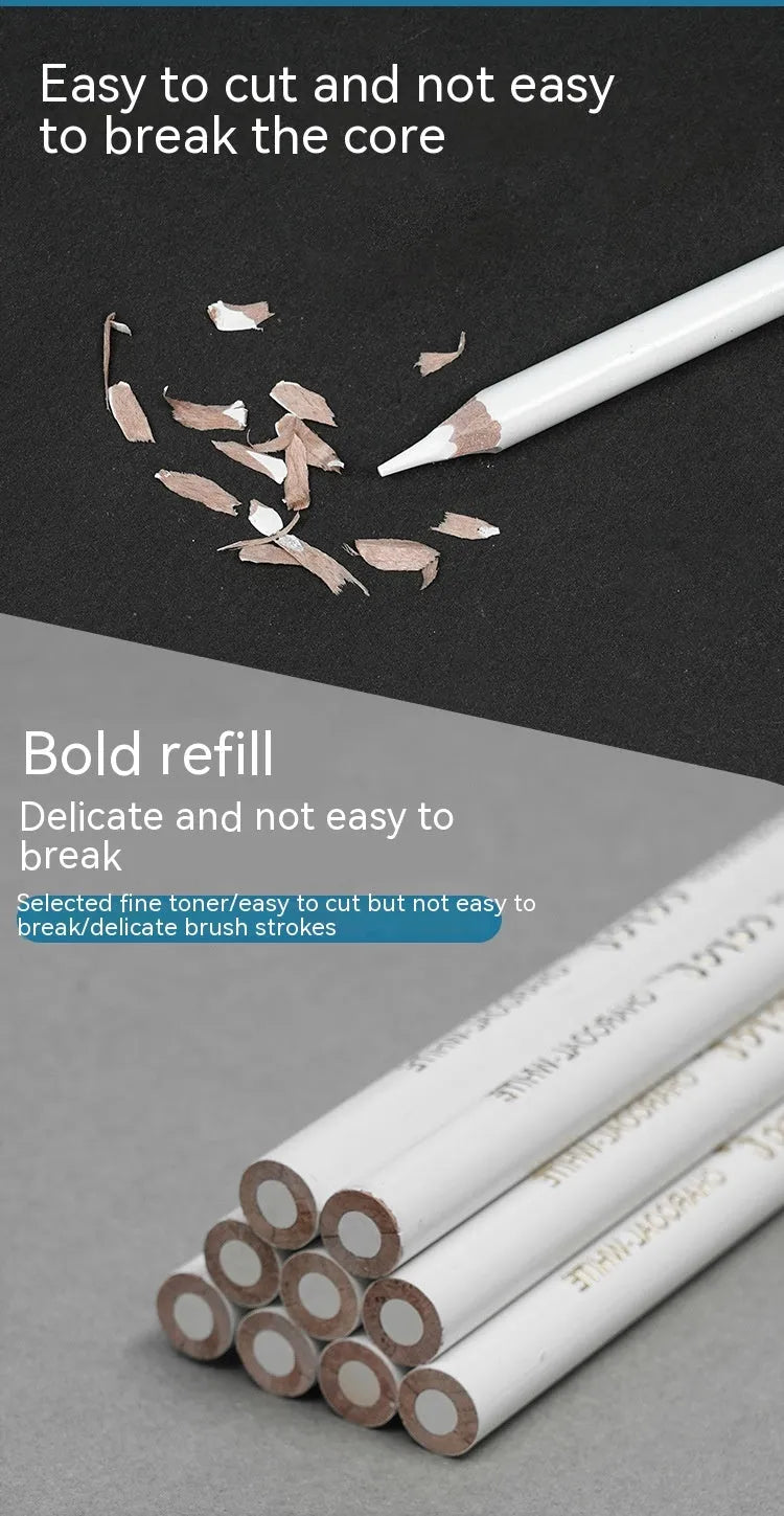 Set of three white charcoal pencils with wooden barrels and moderate hardness